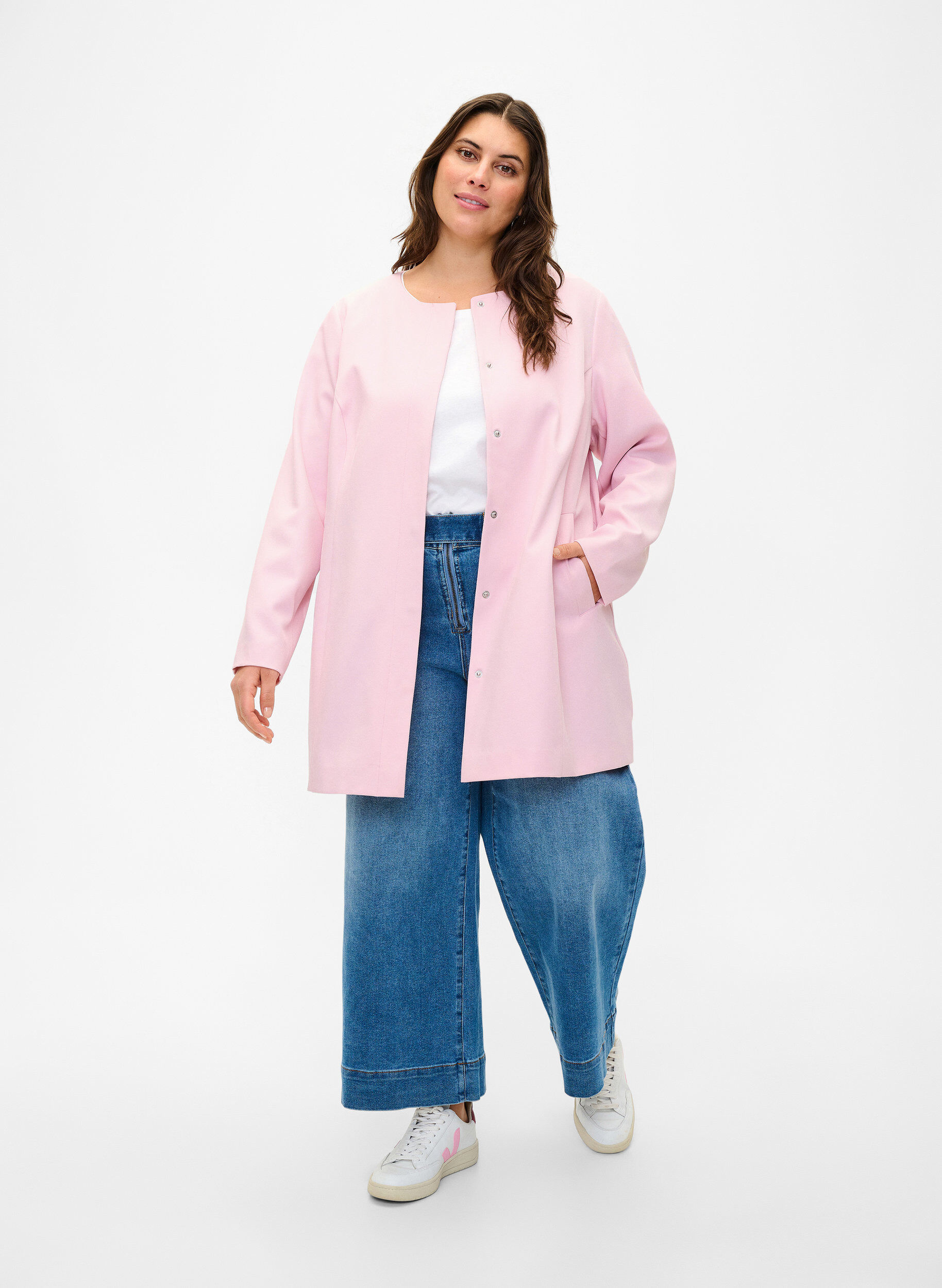 Zizzi V&aring;rjacka med dold knappsl&aring;, Parfait Pink, Model image number 2