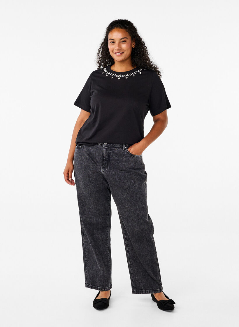 T-shirt med rund hals och strasstenar, Black, Model image number 2