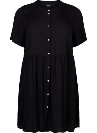 A-linjeformad viskosklänning med korta ärmar, Black, Packshot image number 0