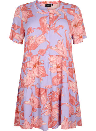 A-linjeformad viskosklänning med korta ärmar, Lavender Flower, Packshot image number 0