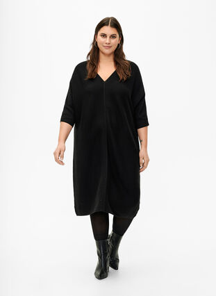 Ribbad klänning med trekvartsärm, Black, Model image number 2