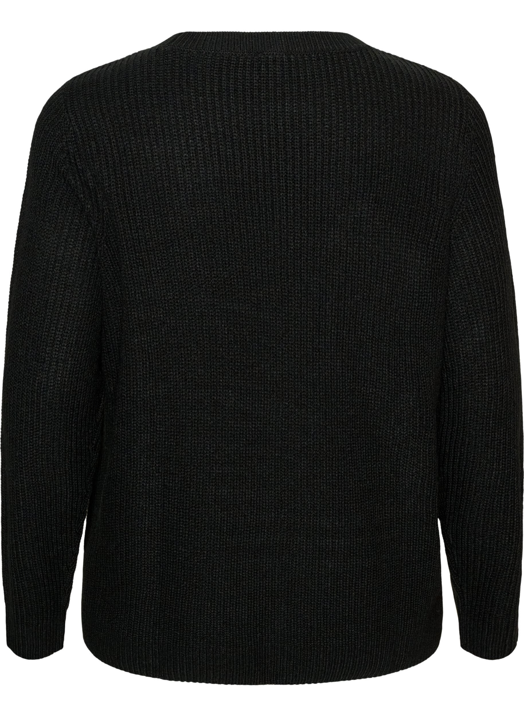 ZizziStickad blus med ribbstruktur och knappdetaljer, Svart, Packshot image number 1