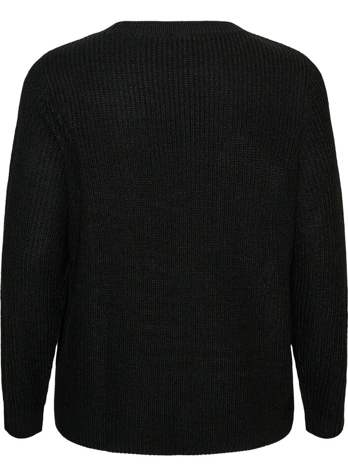 Stickad blus med ribbstruktur och knappdetaljer, Svart, Packshot image number 1