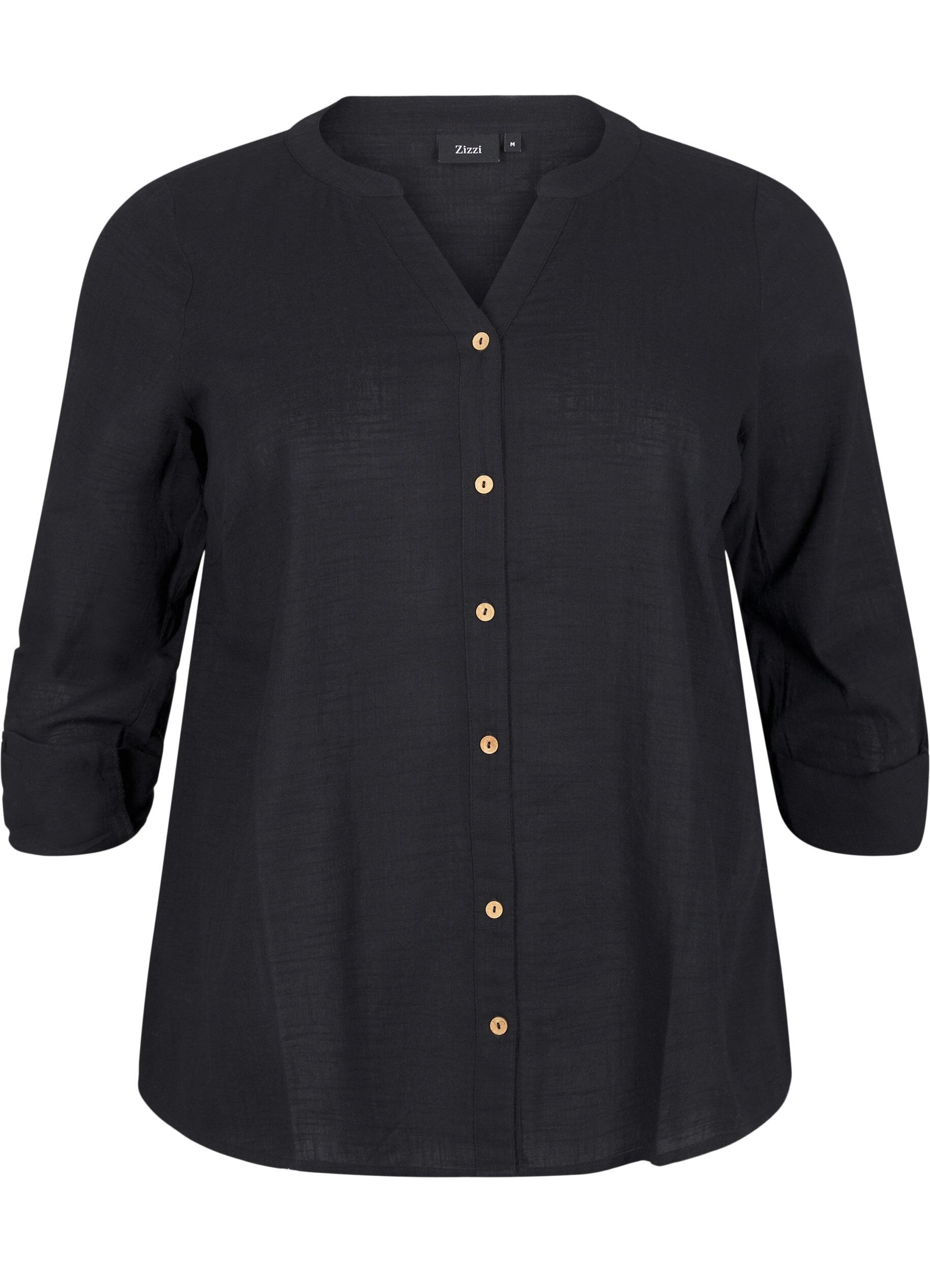 ZizziBomullsblus med v-ringning, Svart, Packshot image number 0