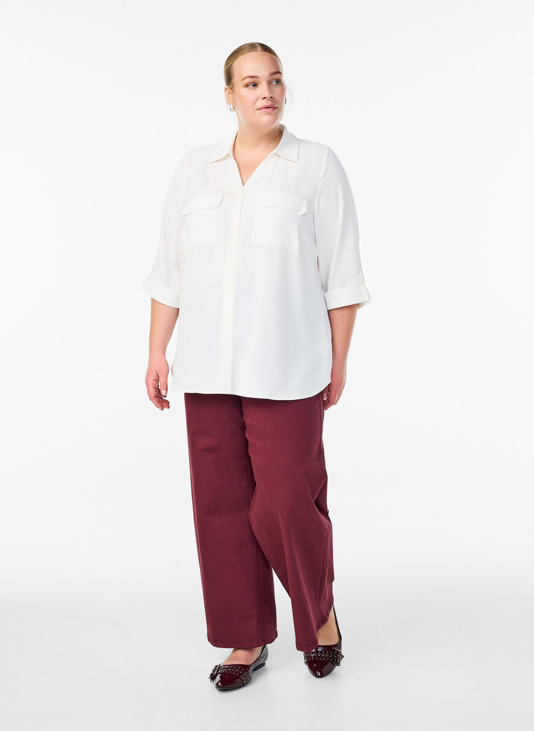 ZizziSkjorta med br&ouml;stfickor och 3/4-&auml;rmar, Vanilla, Model image number 1