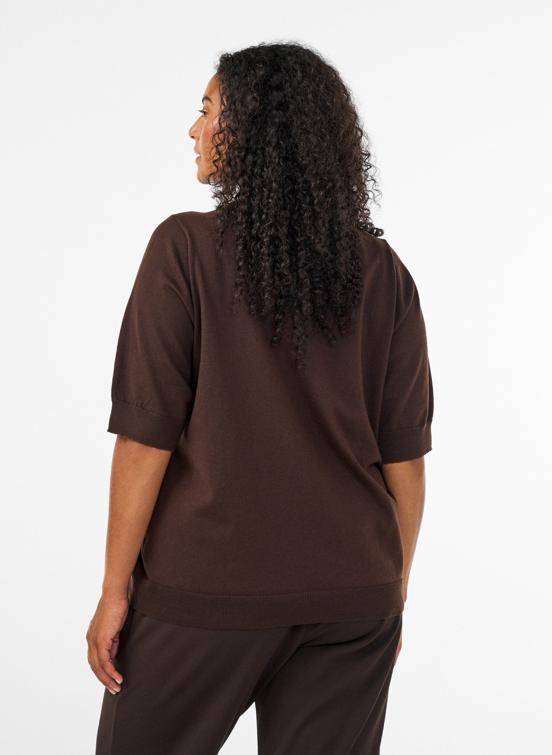 ZizziFinstickad blus med korta &auml;rmar, Brun, Model image number 1
