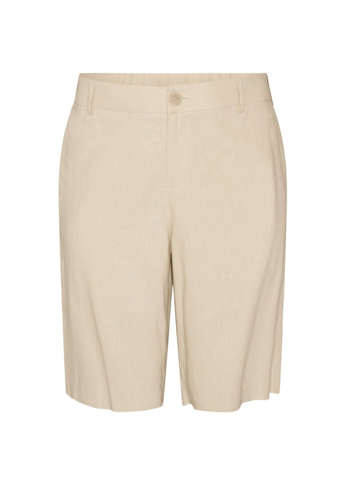 Bermudashorts med h&ouml;g midja i linne och viskos, Beige, Packshot image number 0