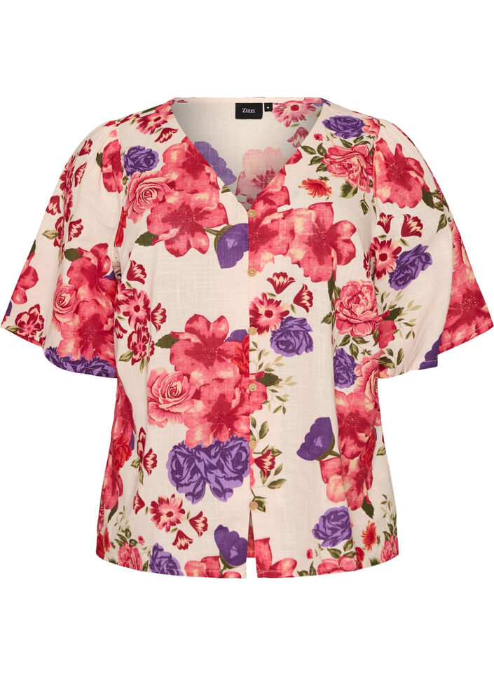 Kort&auml;rmad skjorta i bomull med v-ringning, R&ouml;d, Packshot image number 0