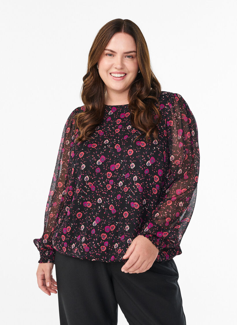 Blommig blus i chiffong med genomskinliga &auml;rmar, Svart, Model image number 0
