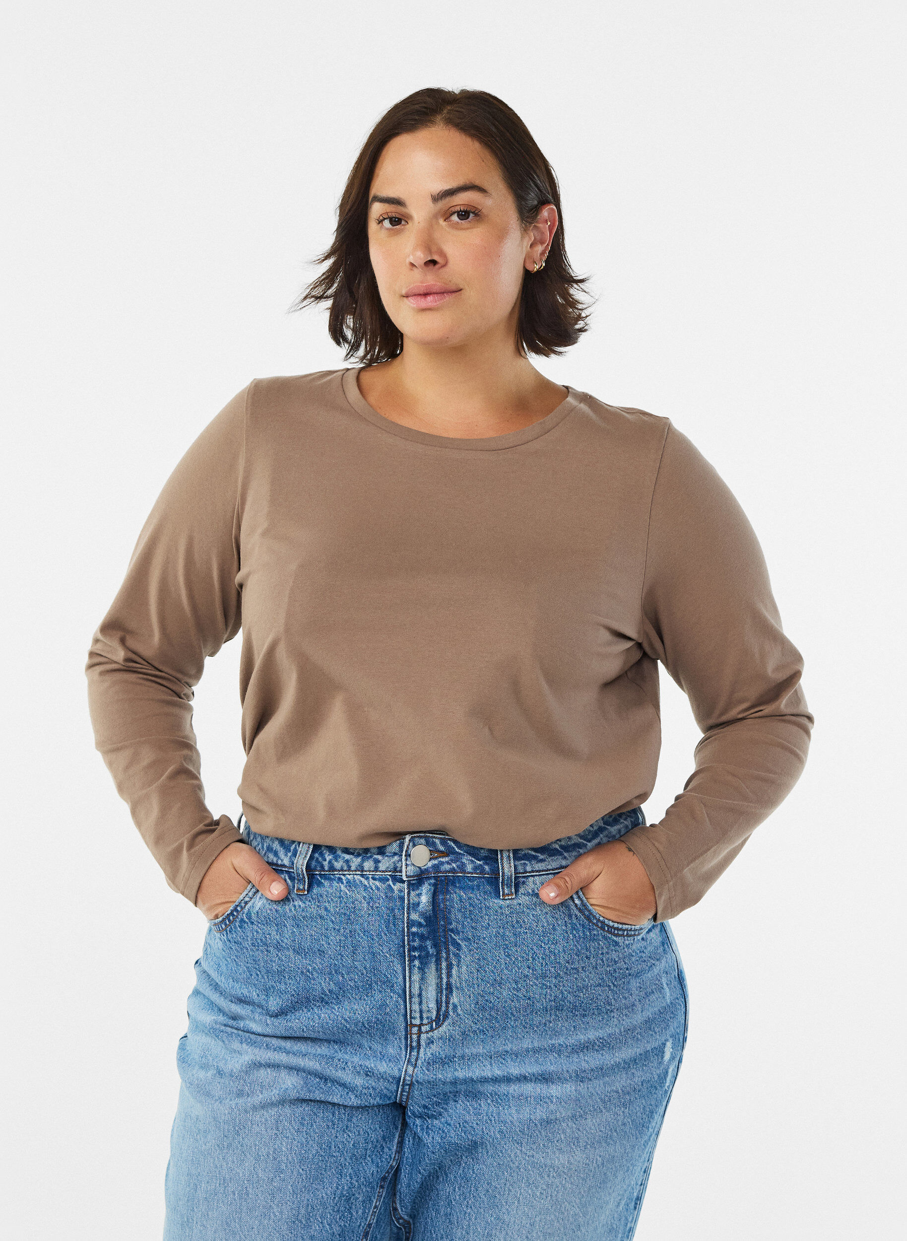 Baslinne i jersey med l&aring;nga &auml;rmar, Brun, Model