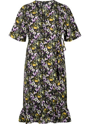 Tryckt omlottklänning med korta ärmar, Black S. Flower AOP, Packshot image number 0
