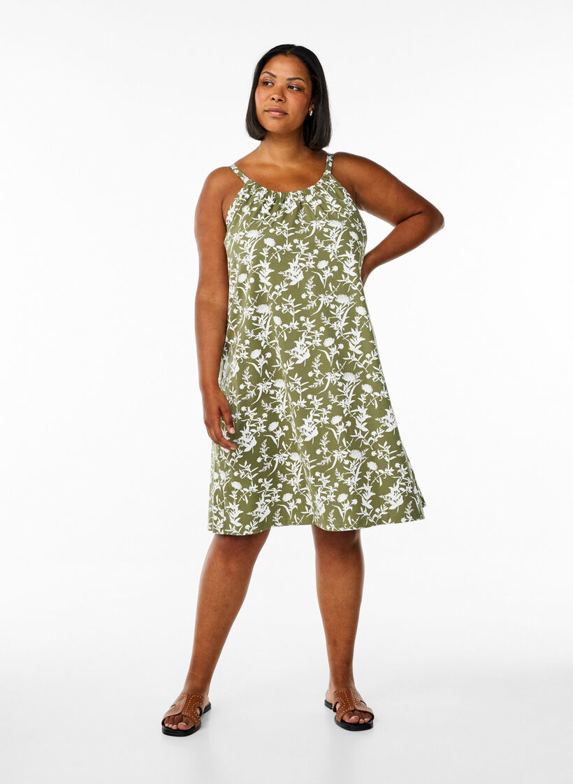 Midikl&auml;nning med axelband i ekologisk bomull, Gr&ouml;n, Model image number 1