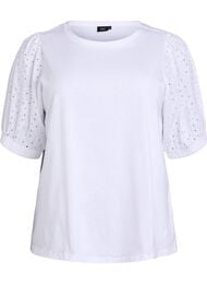 T-shirt med Broderie Anglaise-ärmar, Vit