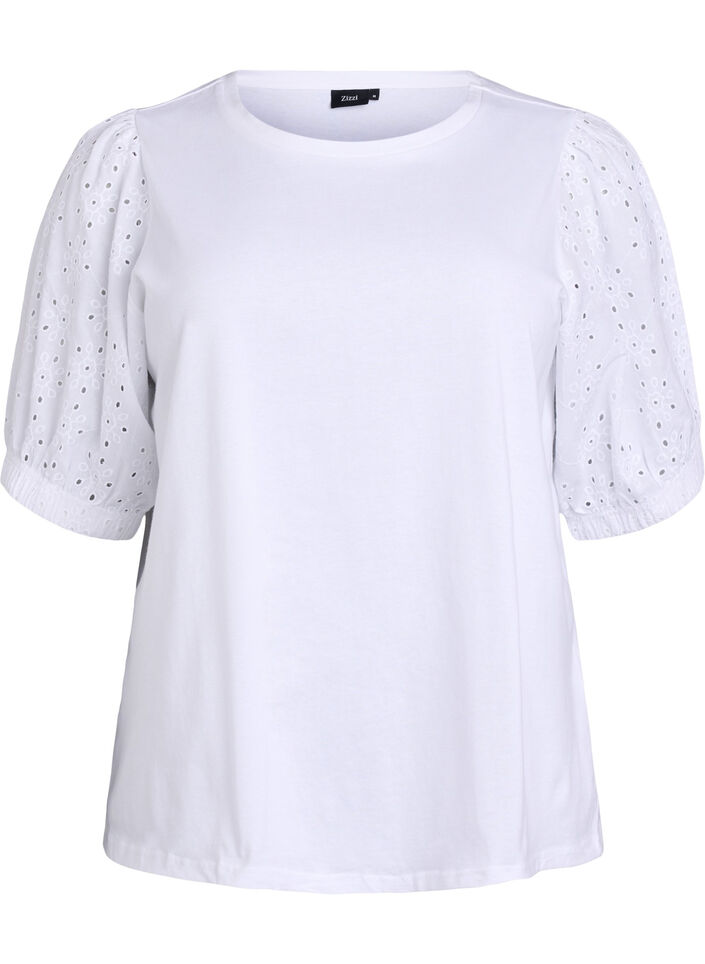 T-shirt med Broderie Anglaise-ärmar, Vit, Packshot image number 0
