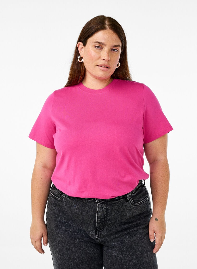 Enkel t-shirt i bomull med rund halsringning, Rosa, Model image number 0