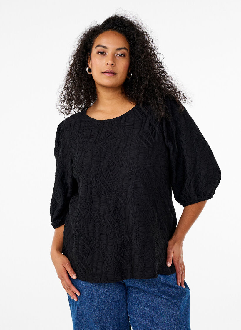 Blus med struktur och 3/4-&auml;rmar, Svart, Model image number 0