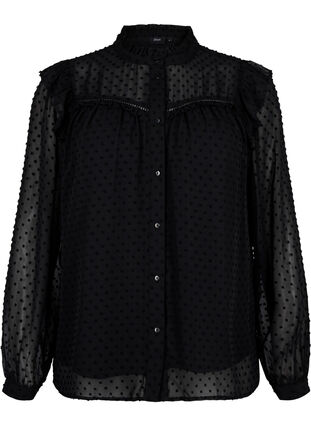 Skjortblus med volanger och prickig textur, Black, Packshot image number 0