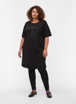 T-shirtklänning i bomull med mönster, Black w. Black, Model image number 2