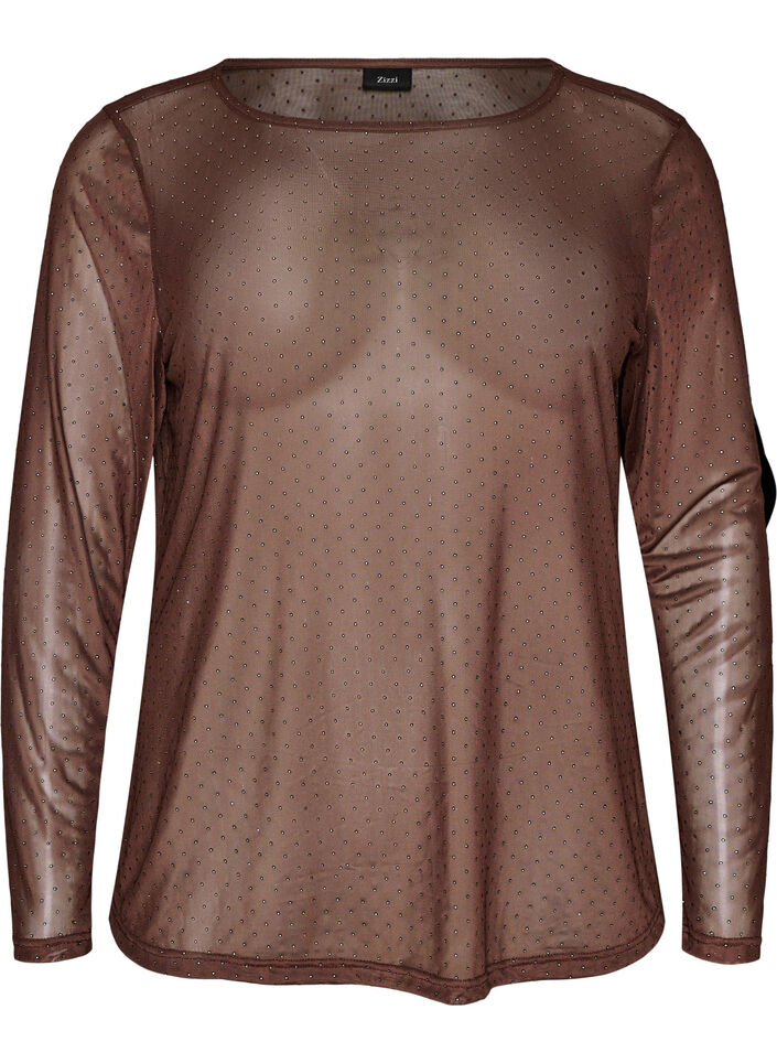 Blus i skir mesh med strass, Brun, Packshot image number 0