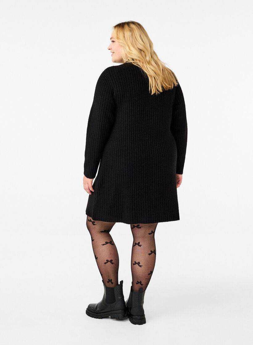 Kort, ribbad klänning med rund halsringning, Black, Model image number 1