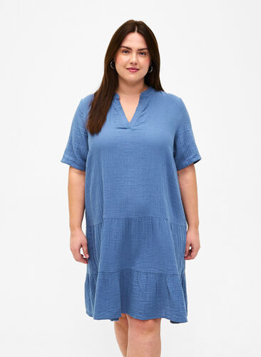 Kortärmad klänning i 100% bomull, Moonlight Blue, Model image number 0