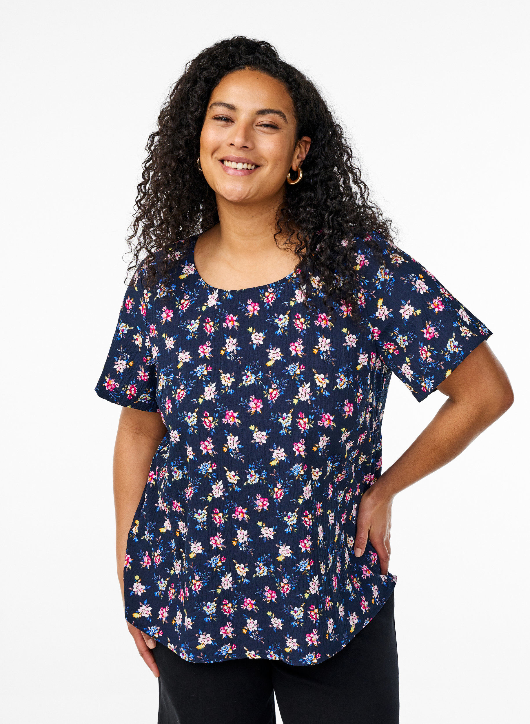 ZizziKort&auml;rmad blus med struktur, Bl&aring;, Model image number 0