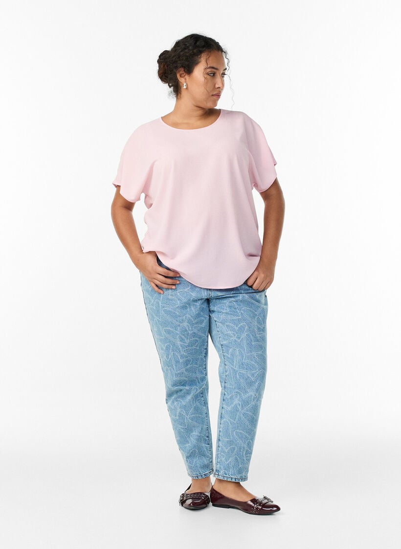 Blus med korta &auml;rmar och rund halsringning, Rosa, Model image number 1