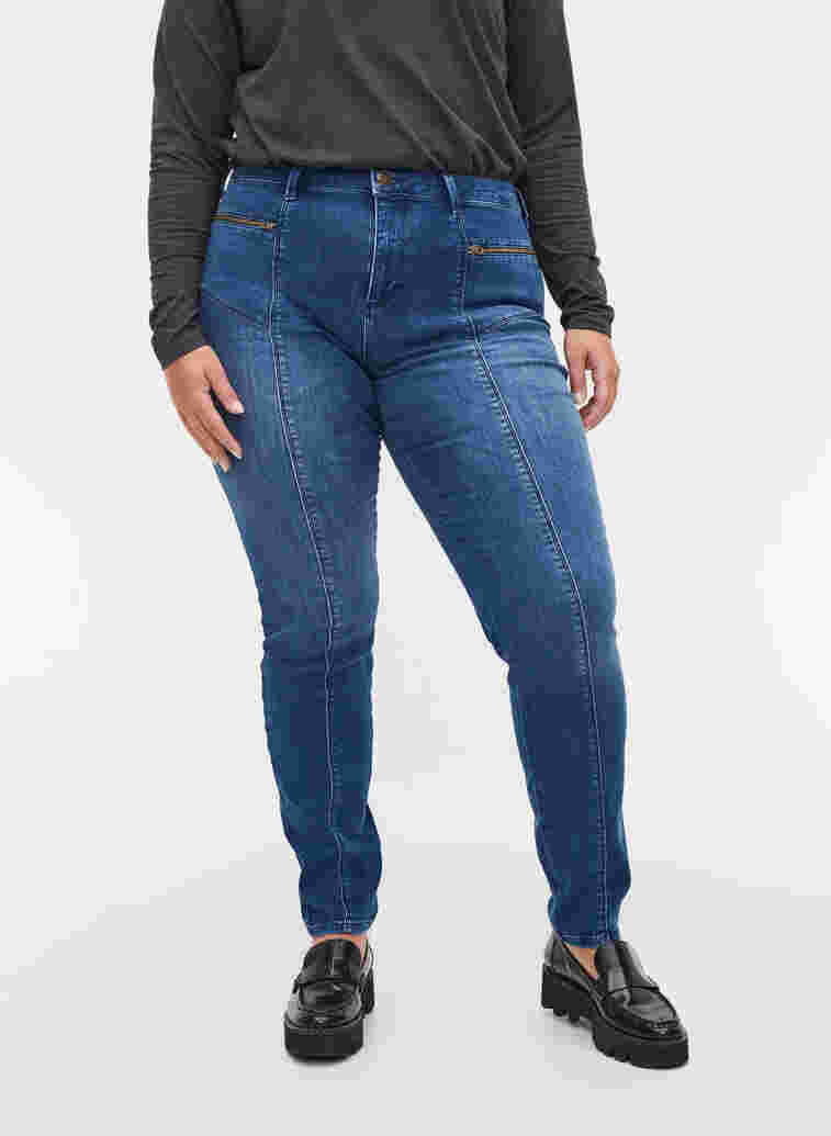 Amy jeans med Dual Core och hög midja, Blue denim, Model image number 2