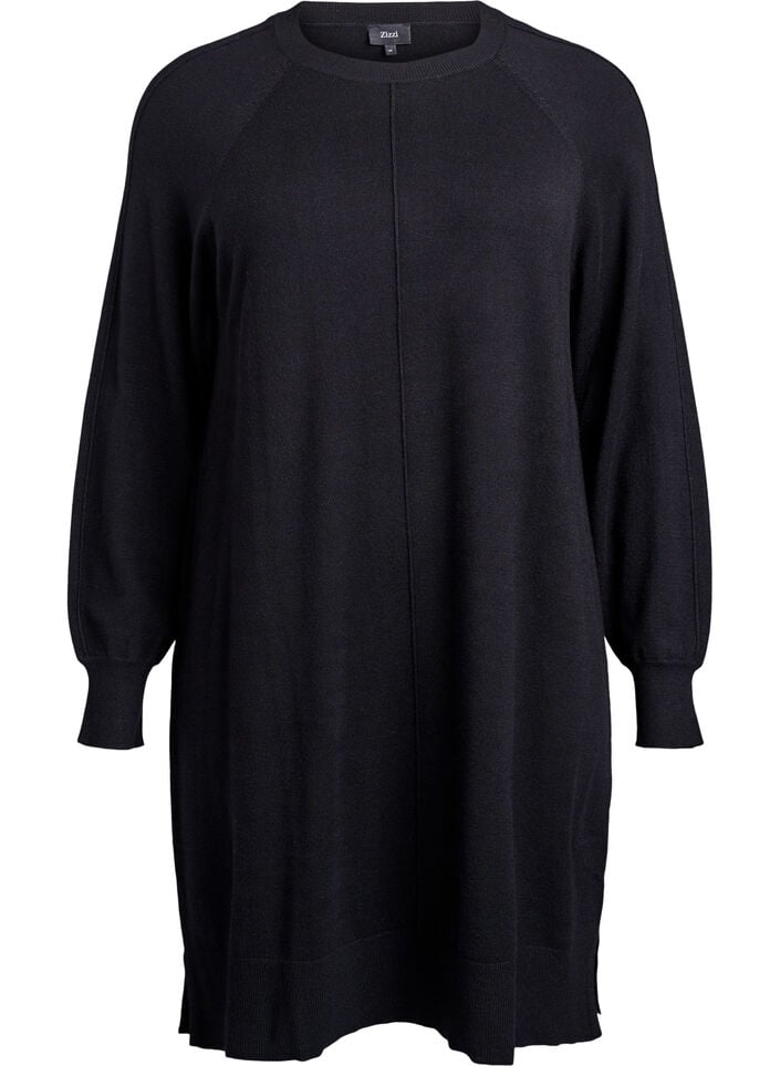 Stickad kort kl&auml;nning med raglan&auml;rm och mitts&ouml;m, Svart, Packshot image number 0