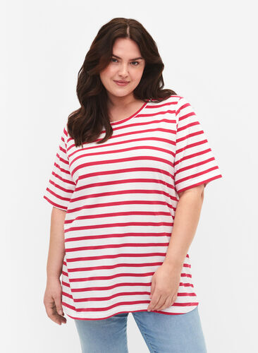 Randig T-shirt i ekologisk bomull, Bright Rose Stripes, Model image number 0