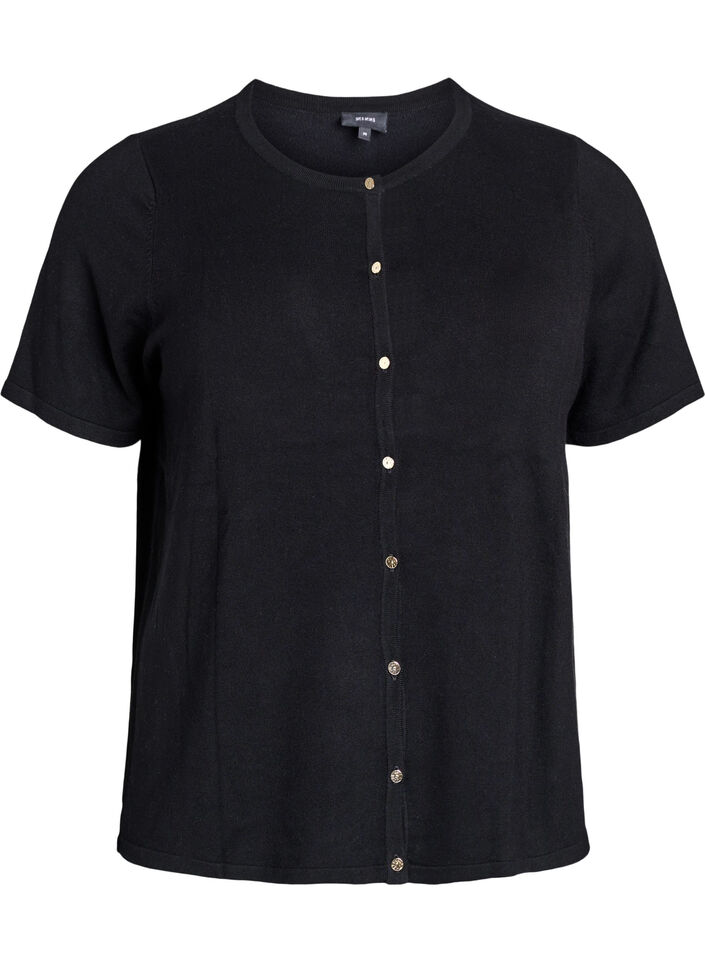 Kort&auml;rmad stickad kofta i viskos, Svart, Packshot image number 0