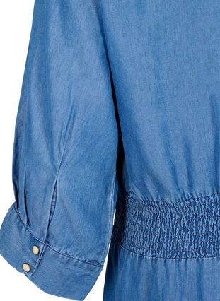 Mjuk jeansklänning med 3/4-ärmar och smock, Blue denim, Packshot image number 3
