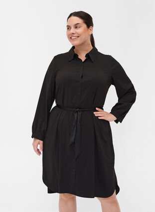 Skjortklänning med knytband och knappar, Black, Model image number 0