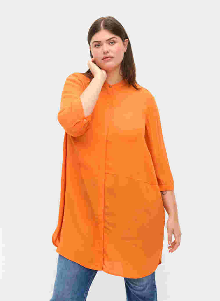 Lång viskosskjorta med 3/4-ärmar, Orange Peel, Model image number 0