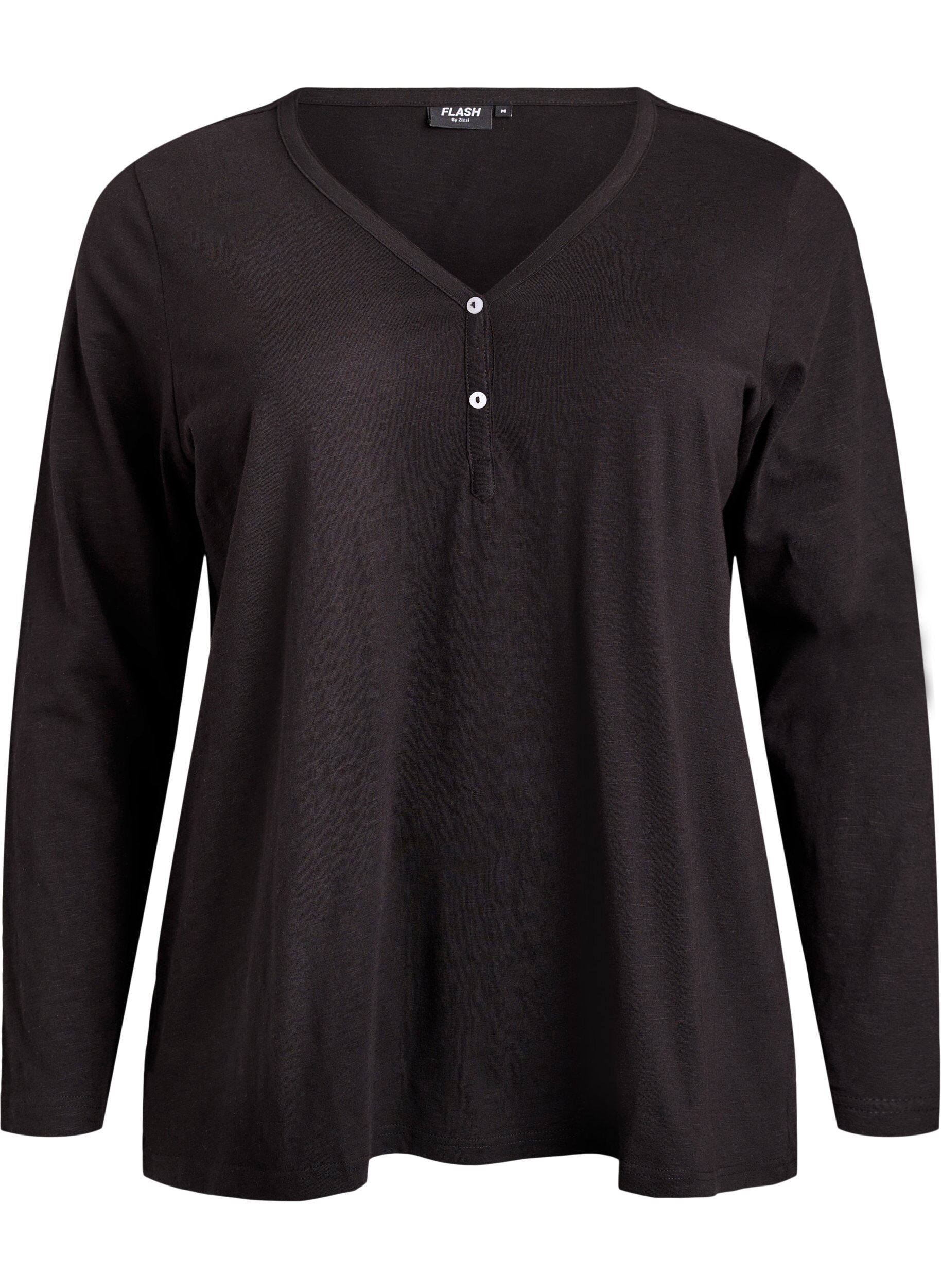 ZizziL&aring;ng&auml;rmad t-shirt med v-ringning och knappar, Svart, Packshot image number 0