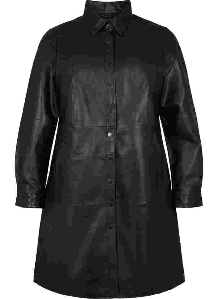Läderklänning med långa ärmar och knäppning, Black, Packshot image number 0