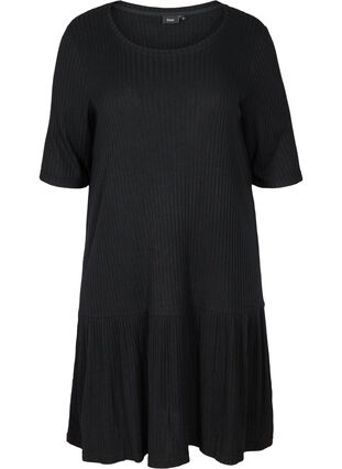 Ribbad klänning med 2/4 ärmar, Black, Packshot image number 0