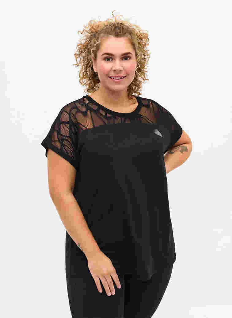 Kortärmad tränings t-shirt med mönstrad mesh, Black, Model image number 0