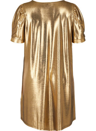 Klänning med korta puffärmar och a-form, Gold, Packshot image number 1