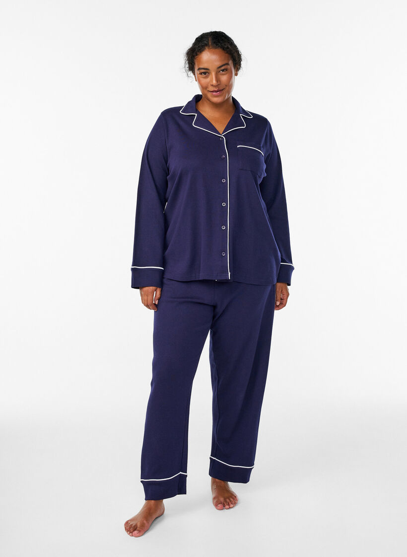 Pyjamasskjorta i bomull med br&ouml;stficka, Bl&aring;, Model image number 1