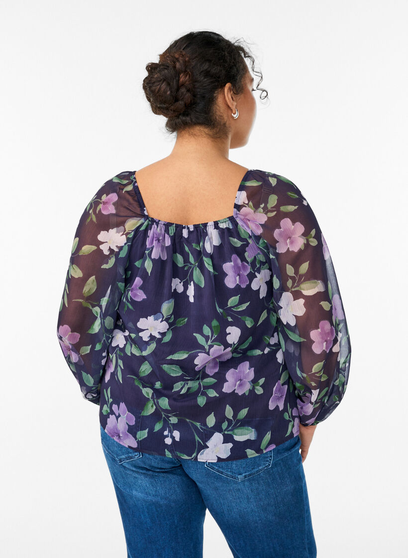 Chiffongblus med blommigt tryck och l&aring;nga &auml;rmar, Bl&aring;, Model image number 2