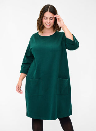 Sweatshirtklänning i bomull med 3/4-ärmar och fickor, Ponderosa Pine, Model image number 0