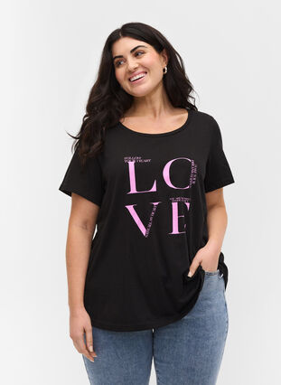 T-shirt i bomull med tryck, Black Cyclamen LOVE, Model image number 0