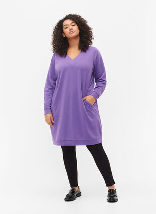V-ringad sweatshirtklänning, Deep Lavender, Model image number 2
