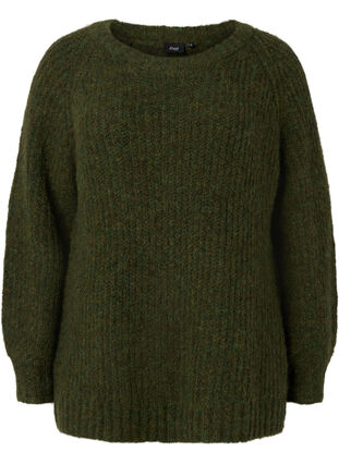 Stickad tröja med ull och raglanärmar, Winter Moss, Packshot image number 0