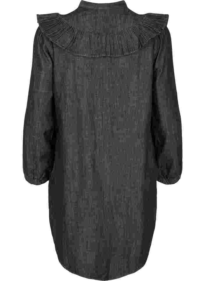Jeansklänning med dekorativa knappar och volanger, Black Washed, Packshot image number 1