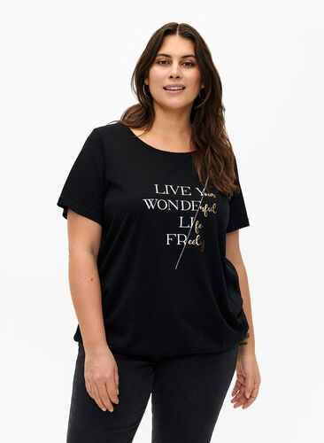 Kortärmad t-shirt i bomull med elastisk kant, Black w. Live, Model image number 0
