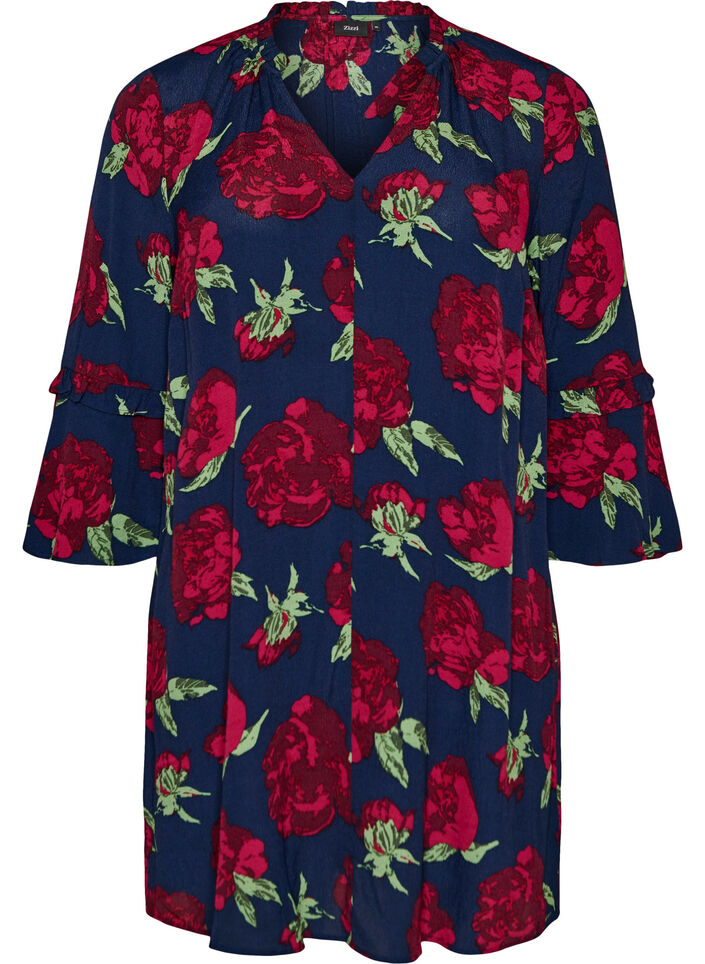 Blommig kl&auml;nning i viskos med volanger, Bl&aring;, Packshot image number 0