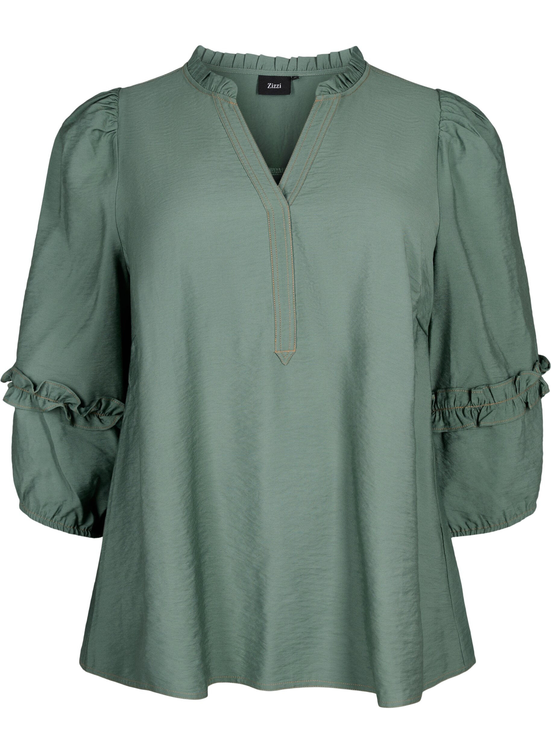 Zizzi Blus med ruffles, Duck Green, Packshot image number 0