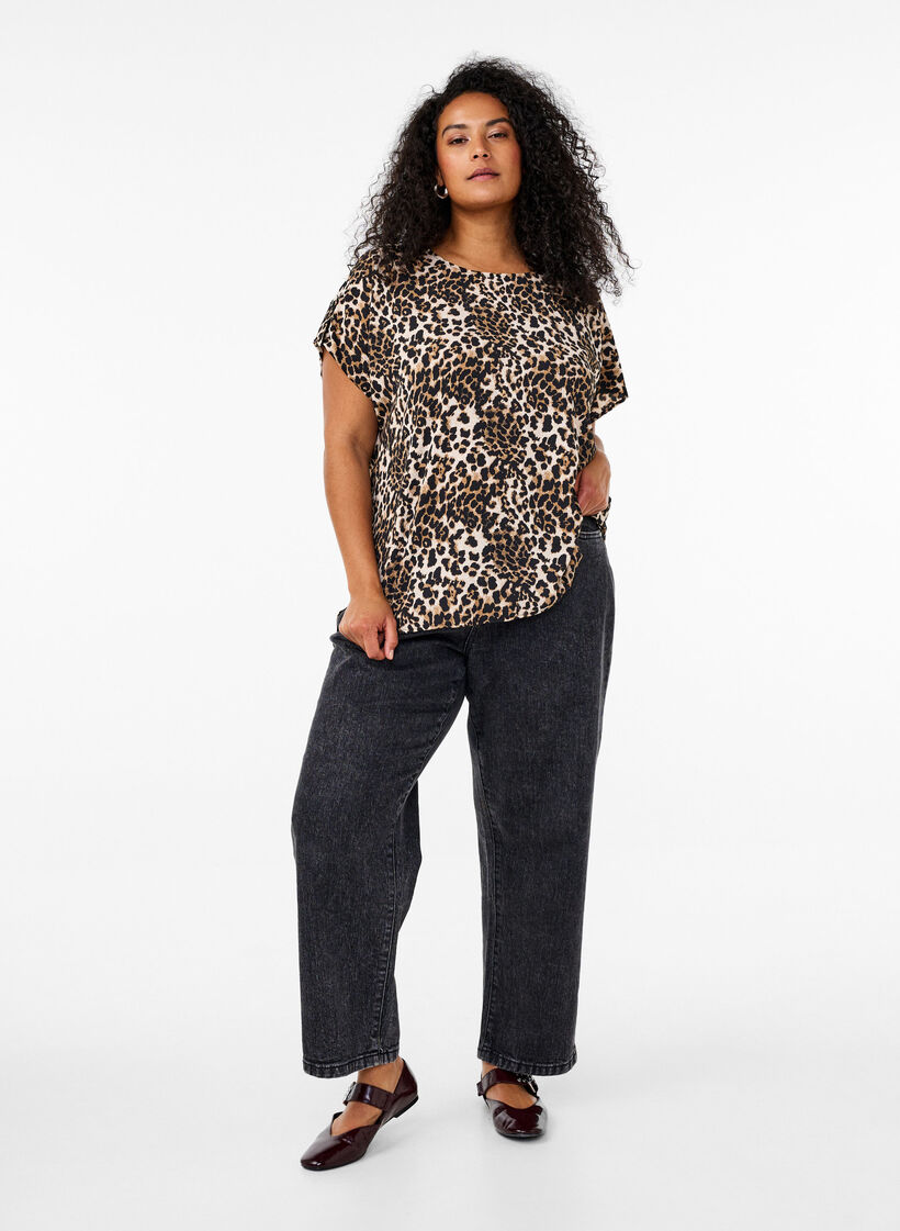 Kortärmad blus med leopardmönster, Leopard AOP, Model image number 2